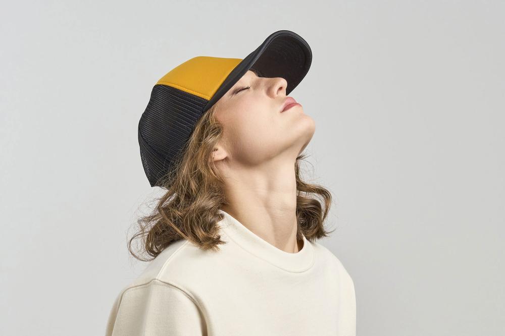 Бейсболка "RAPPER-S", 5 клиньев, пласт. заст, белый/жёлтый,100% переработанный полиэстер, 80 г/м2