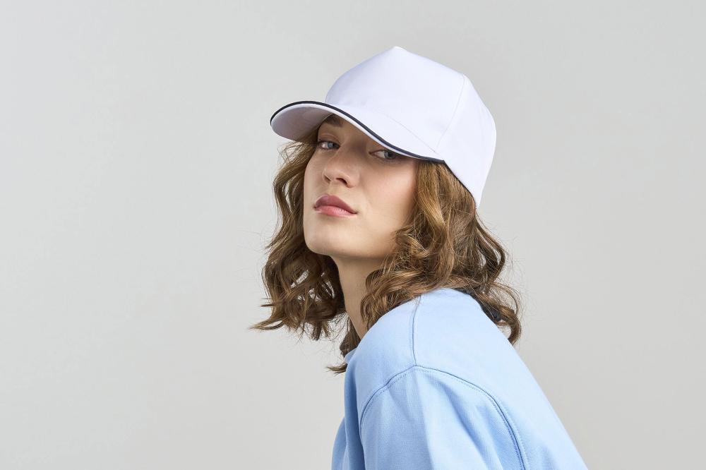 Бейсболка RECY FIVE PIPING, 5 клиньев, застежка-липучка, белый/тёмно-синий, 100% полиэстер, 220 г/м2