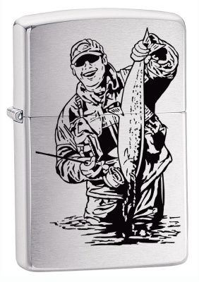 Зажигалка ZIPPO Рыбак, с покрытием Brushed Chrome, латунь, овая, 38x13x57 мм